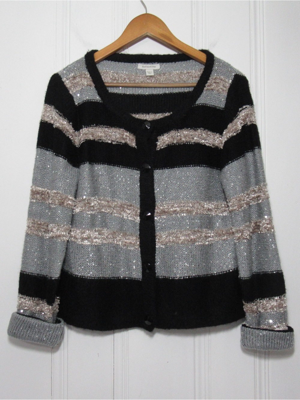 Boston Proper Striped Black & Gray with Sequins Cardigan Sweater Size Large NWOT